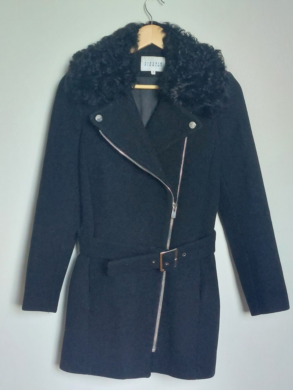 Claudie Pierlot Black Wool Belted Moto Coat Faux Fur Collar Sz 36